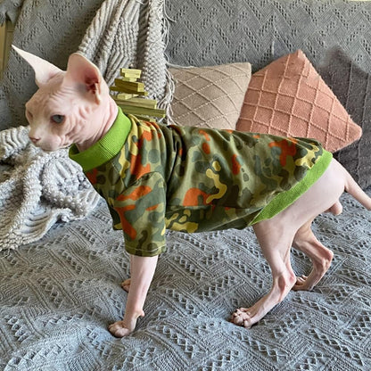 Hairless Cat Clothes Spring Fall Cotton Long Sleeve Turtleneck T-Shirt Camouflage Print Vest Stretch Jumpsuits Pullover Comfort Pajamas for Sphynx,Cornish Rex, Devon Rex, Peterbald (M,Green)