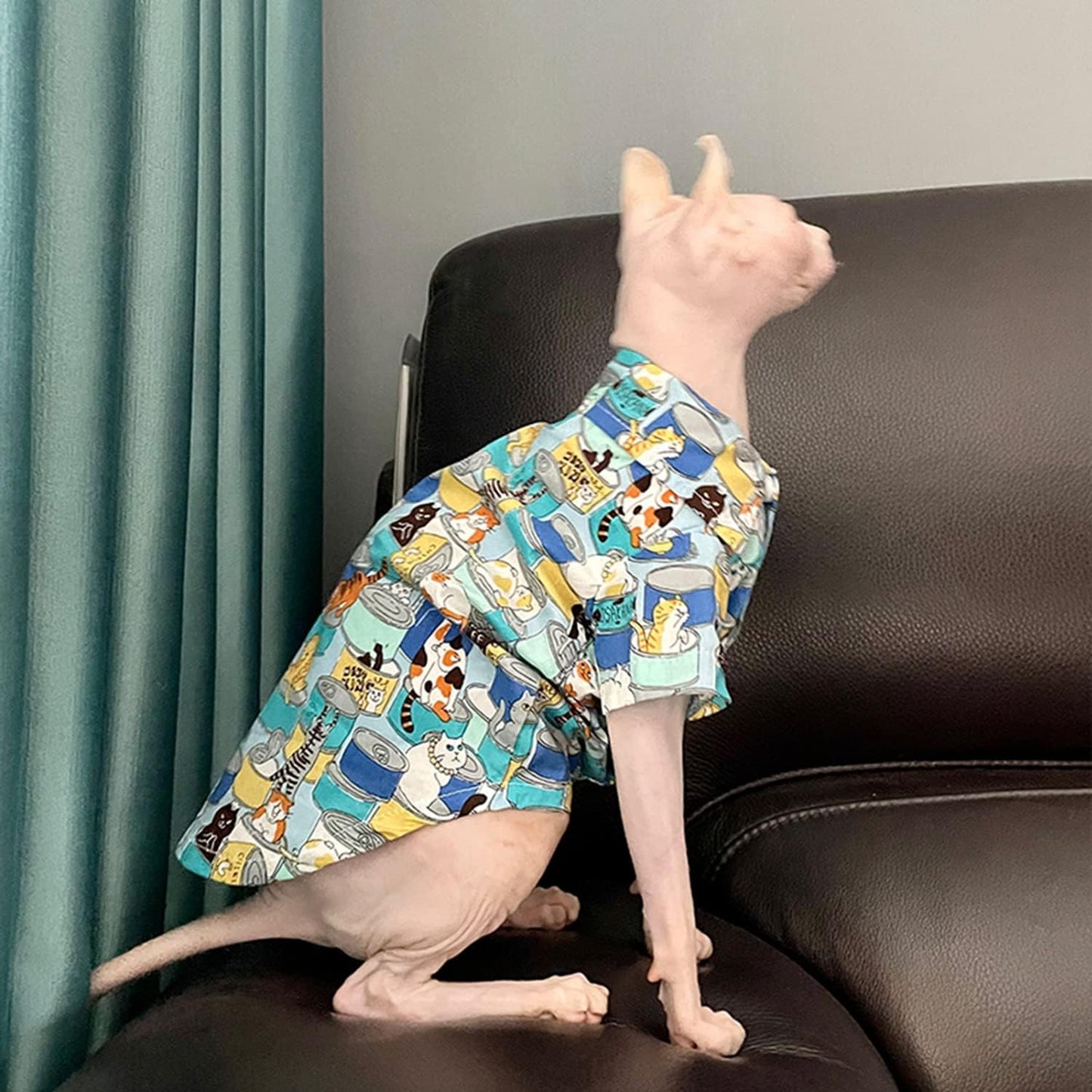 Hairless Cat T-Shirt Breathable Summer Cotton Shirts Short Sleeve Button Closure Turn Down Collar Animal Print Cat Clothes Vest Apparel for Sphynx, Cornish Rex, Devon Rex, Peterbald (XXL-)