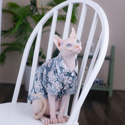 Hairless Cat T-Shirt Breathable Summer Cotton Hawaiian Shirts Short Sleeve Button Closure Turn Down Collar Leaf Print Cat Clothes Vest Apparel for Sphynx, Cornish Rex, Devon Rex, Peterbald (L+)