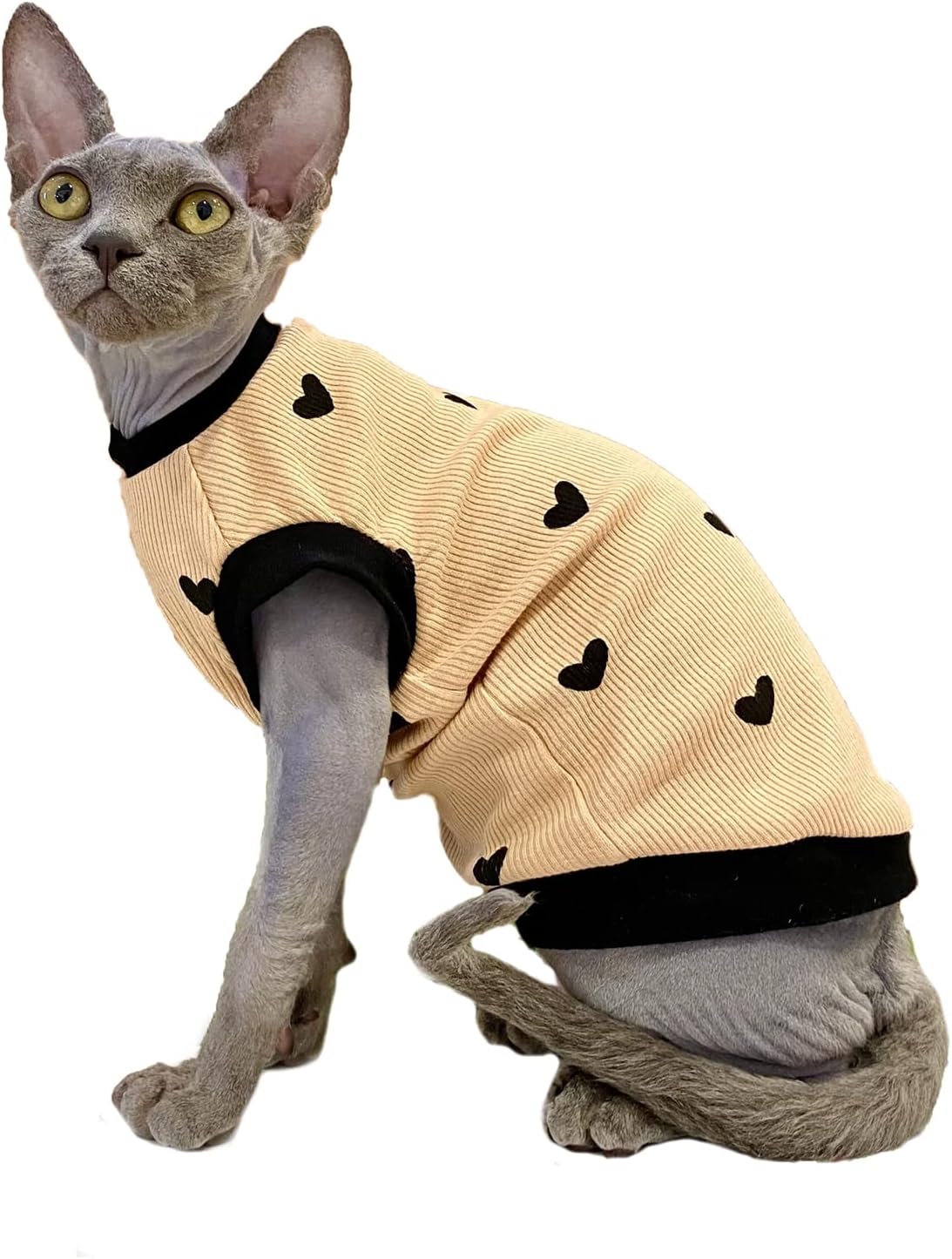 Sphynx Cat Clothes Breathable Summer Cotton Elastic T-Shirts with Heart Print Cat Wear Clothes Vest Pajamas Apparel for Sphynx, Cornish Rex, Devon Rex, Peterbald (S+)