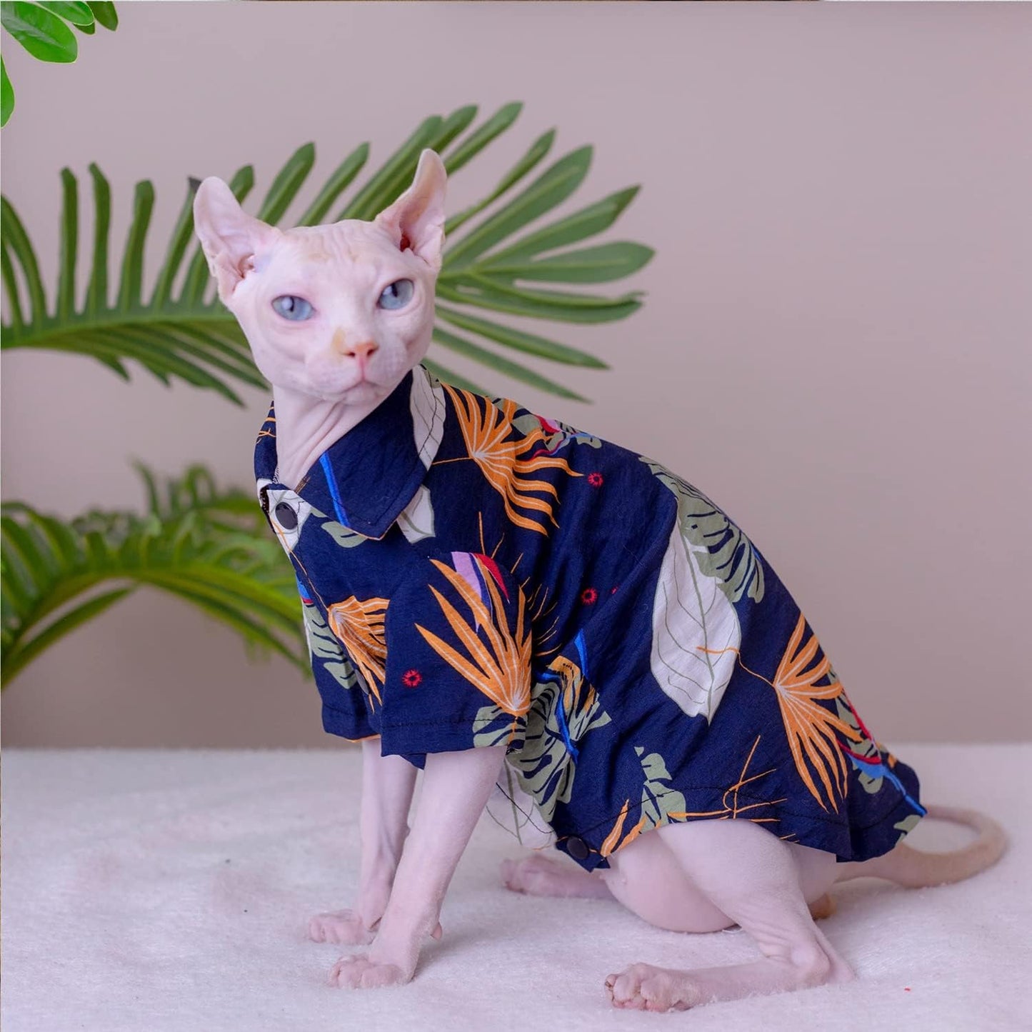 Hairless Cat T-Shirts Breathable Summer Cotton Hawaiian Shirts Button Closure Turn Down Collar Leaf Print Cat Clothes Vest Pajamas Apparel for Sphynx, Cornish Rex, Devon Rex, Peterbald (XL-)