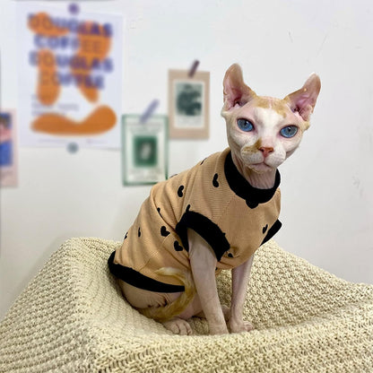 Sphynx Cat Clothes Breathable Summer Cotton Elastic T-Shirts with Heart Print Cat Wear Clothes Vest Pajamas Apparel for Sphynx, Cornish Rex, Devon Rex, Peterbald (S+)