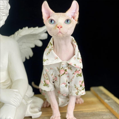 Hairless Cat T-Shirts Breathable Summer Cotton Retro Shirts Button Closure Turn Down Collar Floral Print Cat Clothes Vest Pajamas Apparel for Sphynx, Cornish Rex, Devon Rex, Peterbald (XS)