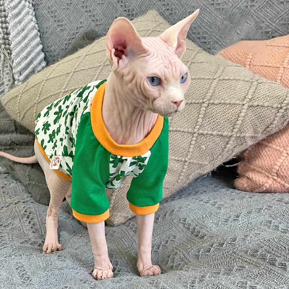 Hairless Cat Clothes Spring Autumn Cotton Long Sleeve Turtleneck T-Shirt Floral Print Vest Stretch Jumpsuits Pullover Comfort Pajamas for Sphynx,Cornish Rex, Devon Rex, Peterbald (M)