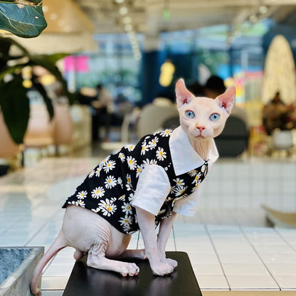 Hairless Cat T-Shirts Breathable Summer Cotton Black Shirts Button Closure Turn Down Collar Daisy Print Vest Pajamas Apparel