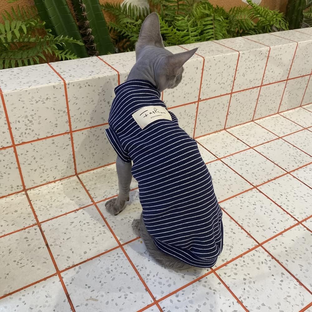 Sphynx Cat Clothes Breathable Summer Cotton Elastic Stripe T-Shirts with Round Collar Cat Wear Clothes Vest Pajamas Hairless Cat Apparel for Sphynx, Cornish Rex, Devon Rex, Peterbald (XL+)