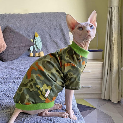 Hairless Cat Clothes Spring Fall Cotton Long Sleeve Turtleneck T-Shirt Camouflage Print Vest Stretch Jumpsuits Pullover Comfort Pajamas for Sphynx,Cornish Rex, Devon Rex, Peterbald (M,Green)