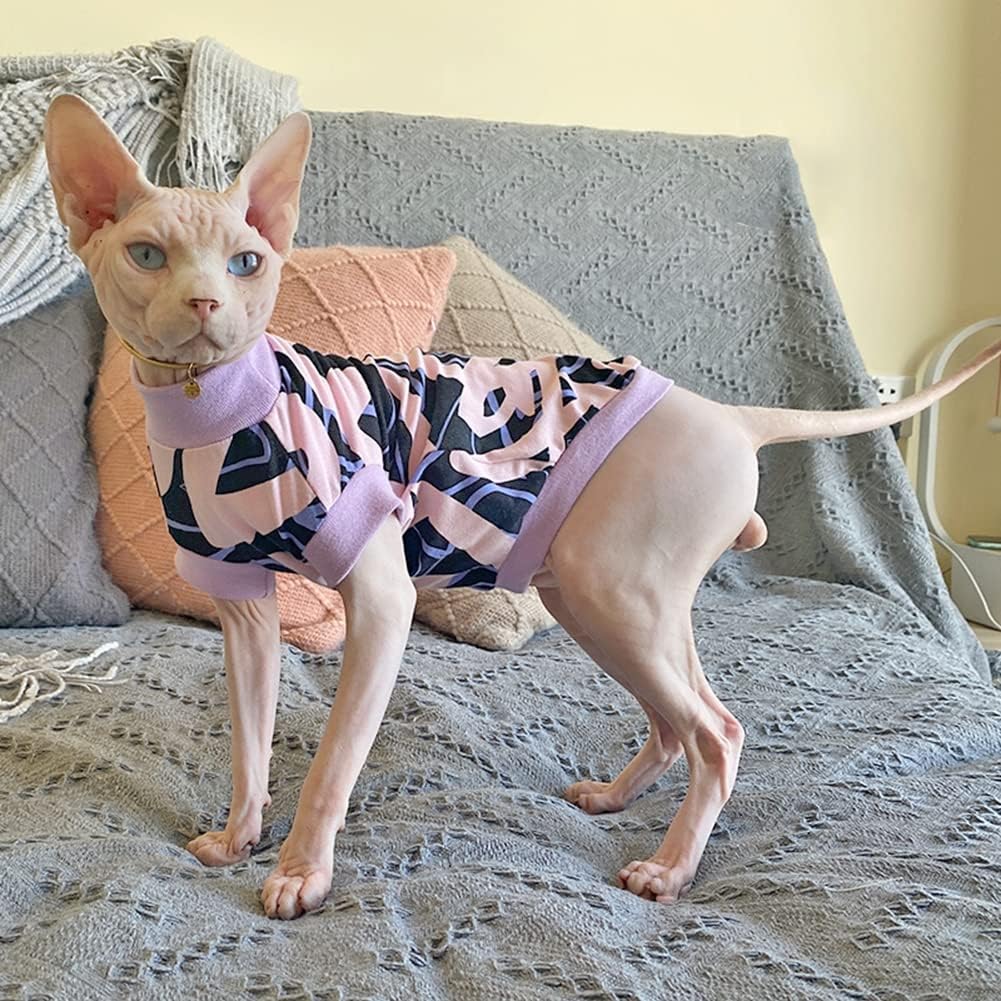 Hairless Cat Clothes Breathable Summer Cotton Thin Turtleneck T-Shirt Vest Geometry Print Pullover Short Sleeve Tank Tops Pajamas Jumpsuits for Sphynx,Cornish Rex, Devon Rex, Peterbald (XL)