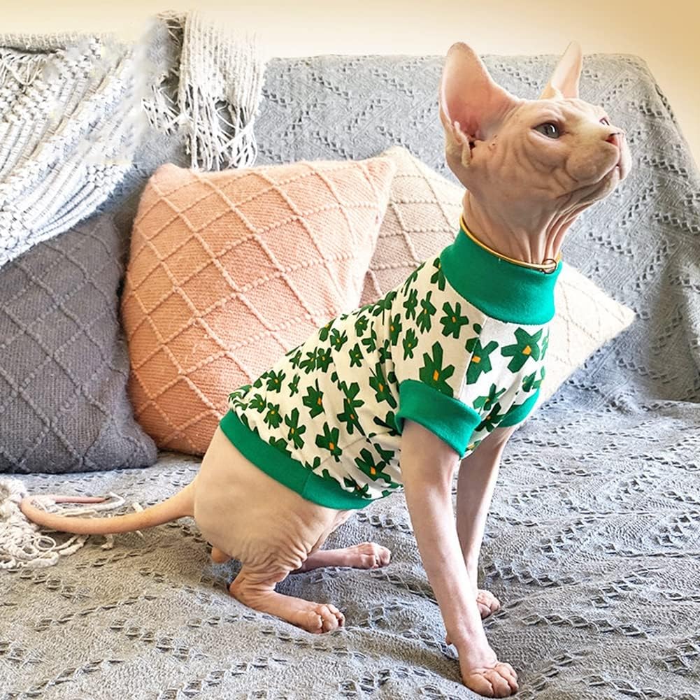 Hairless Cat Clothes Breathable Summer Cotton Thin Turtleneck T-Shirt Vest Clover Print Pullover Short Sleeve Tank Tops Pajamas Jumpsuits for Sphynx,Cornish Rex, Devon Rex, Peterbald (L)