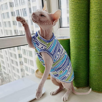 Hairless Cats Clothes Summer Thin Cotton Vest Breathable Soft Blue Stripes Pullover Tank Tops Sleeveless Shirt Cat Apparel Pajamas for Sphynx,Cornish Rex, Devon Rex, Peterbald (L,Blue)