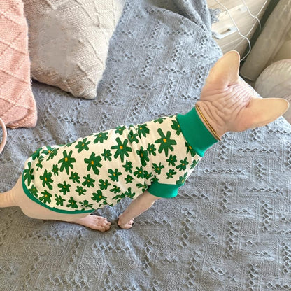 Hairless Cat Clothes Breathable Summer Cotton Thin Turtleneck T-Shirt Vest Clover Print Pullover Short Sleeve Tank Tops Pajamas Jumpsuits for Sphynx,Cornish Rex, Devon Rex, Peterbald (L)