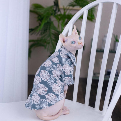 Hairless Cat T-Shirt Breathable Summer Cotton Hawaiian Shirts Short Sleeve Button Closure Turn Down Collar Leaf Print Cat Clothes Vest Apparel for Sphynx, Cornish Rex, Devon Rex, Peterbald (L+)