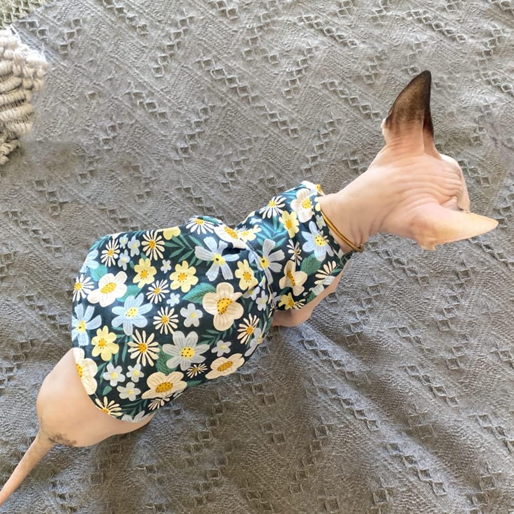 Hairless Cat Clothes - Breathable Summer Cotton Sundress with Sunflower Print Suspender Skirt Elegant Romantic Girly Vest Soft Princess Dress for Sphynx, Cornish Rex, Devon Rex, Peterbald (L)