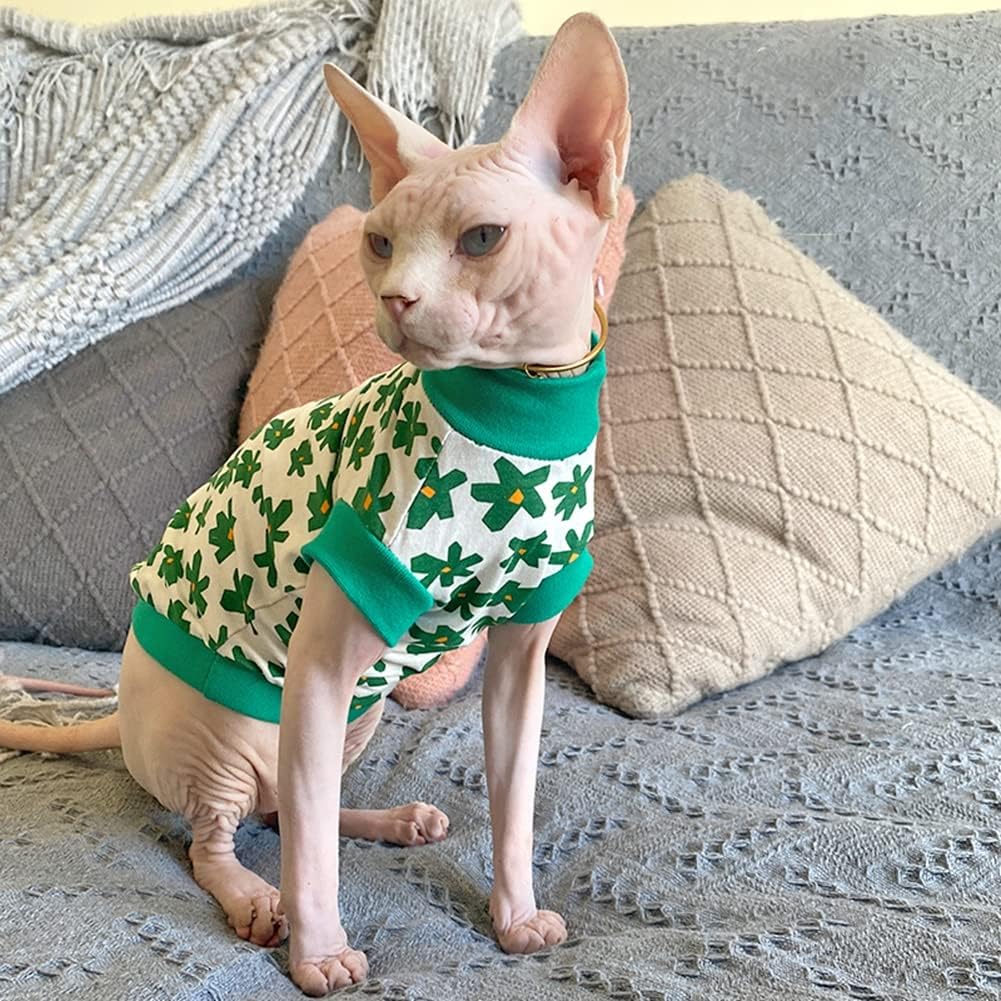 Hairless Cat Clothes Breathable Summer Cotton Thin Turtleneck T-Shirt Vest Clover Print Pullover Short Sleeve Tank Tops Pajamas Jumpsuits for Sphynx,Cornish Rex, Devon Rex, Peterbald (L)