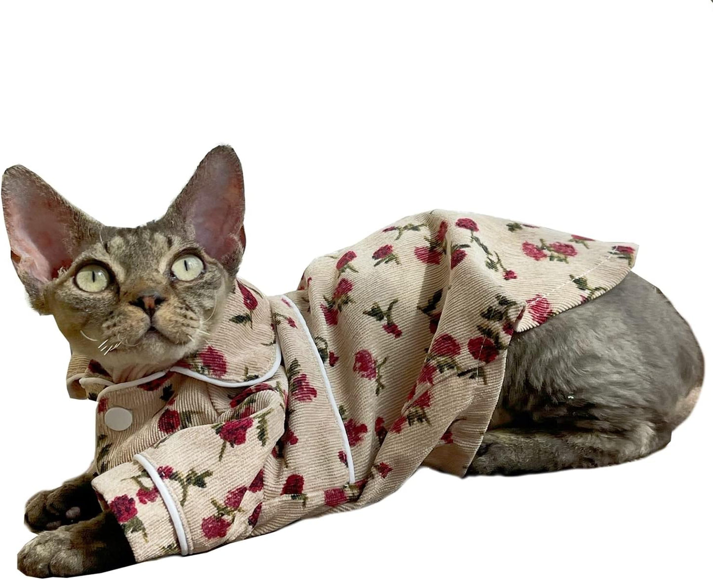 Hairless Cats Clothes Breathable Spring Corduroy Cat Pajamas Cute Soft PJs with Floral Print Rompers Pet Jumpsuits Cozy Bodysuits for Sphynx, Cornish Rex, Devon Rex, Peterbald (S-,Khaki)