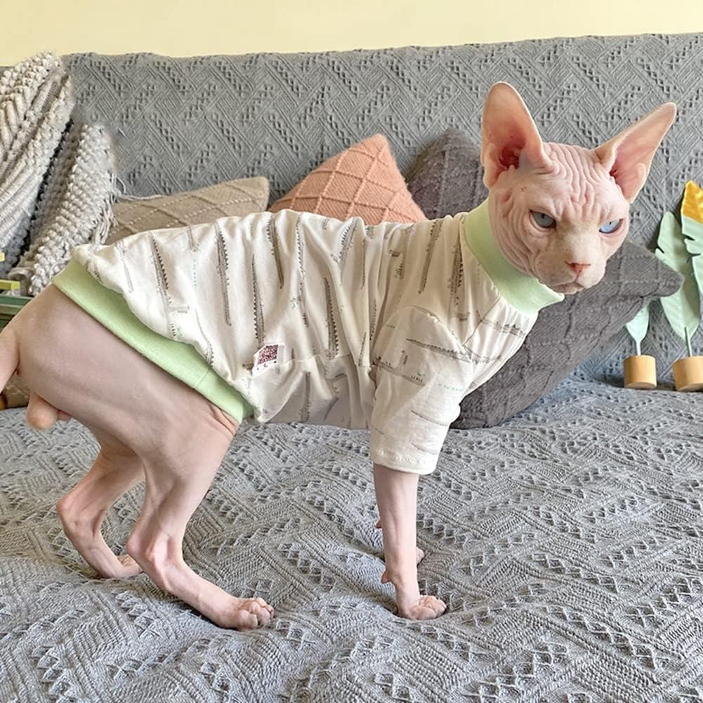 Hairless Cat Clothes Spring Fall Cotton Long Sleeve Turtleneck T-Shirt Crocodile Print Vest Stretch Jumpsuits Pullover Comfort Pajamas for Sphynx,Cornish Rex, Devon Rex, Peterbald (M)