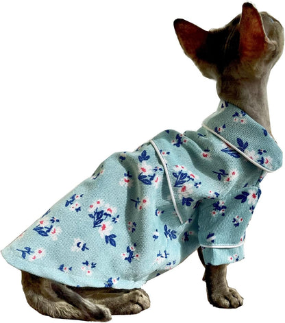 Hairless Cats Clothes Breathable Spring Corduroy Cat Pajamas Cute Soft PJs with Floral Print Rompers Pet Jumpsuits Cozy Bodysuits for Sphynx, Cornish Rex, Devon Rex, Peterbald (S-,Khaki)