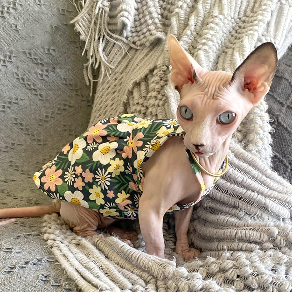 Hairless Cat Clothes - Breathable Summer Cotton Sundress with Sunflower Print