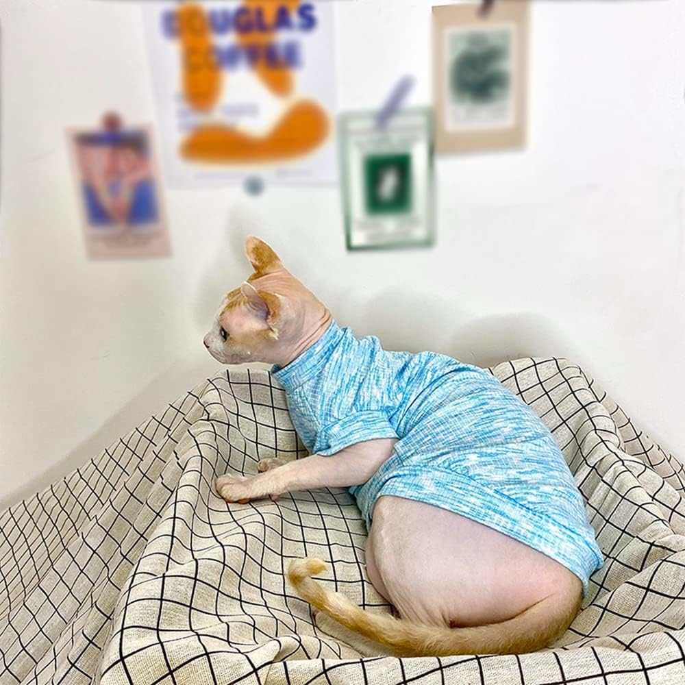 Sphynx Cat Clothes Breathable Summer Cotton Pure Blue T-Shirts Pullover Cat Wear Clothes Vest Pajamas for Cats and Small Dogs Apparel for Sphynx, Cornish Rex, Devon Rex, Peterbald (XXXL-)