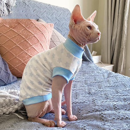 Hairless Cat Clothes Breathable Summer Cotton Thin Turtleneck T-Shirt Vest Star Print Pullover Short Sleeve Tank Tops Pajamas Jumpsuits for Sphynx,Cornish Rex, Devon Rex, Peterbald (L)