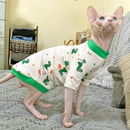 Hairless Cat Clothes Spring Fall Cotton Long Sleeve Turtleneck T-Shirt Dinosaur Print Vest Stretch Jumpsuits Pullover Comfort Pajamas for Sphynx,Cornish Rex, Devon Rex, Peterbald (XL)