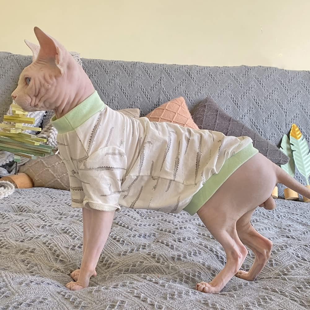 Hairless Cat Clothes Spring Fall Cotton Long Sleeve Turtleneck T-Shirt Crocodile Print Vest Stretch Jumpsuits Pullover Comfort Pajamas for Sphynx,Cornish Rex, Devon Rex, Peterbald (M)