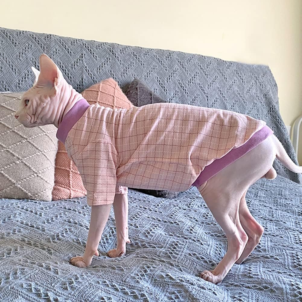 Hairless Cat Clothes Spring Fall Cotton Long Sleeve Turtleneck T-Shirt Striped Grid Print Vest Stretch Jumpsuits Pullover Comfort Pajamas for Sphynx,Cornish Rex, Devon Rex, Peterbald (L,Pink)