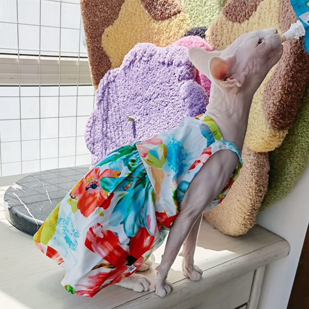 Hairless Cat Clothes Summer Breathable Floral Spaghetti Strap Casual Dress Elegant Sleeveless Girly Skirt,Soft Cotton Beach Dress for Sphynx, Cornish Rex, Devon Rex, Peterbald (M)