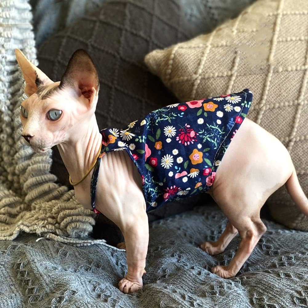 Sphynx Cat Clothes Breathable Summer Cotton Thin Camisole Sleeveless Shirt with Floral Print Strap Tank Tops Pullover Pajamas for Hairless Cats, Sphynx,Cornish Rex,Devon Rex,Peterbald (M)