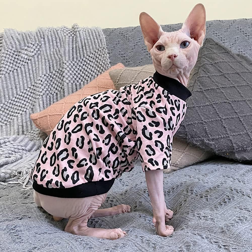 Hairless Cat Clothes Spring Autumn Cotton Long Sleeve Turtleneck T-Shirt Leopard Print Vest Stretch Jumpsuits Pullover Comfort Pajamas for Sphynx,Cornish Rex, Devon Rex, Peterbald (L)