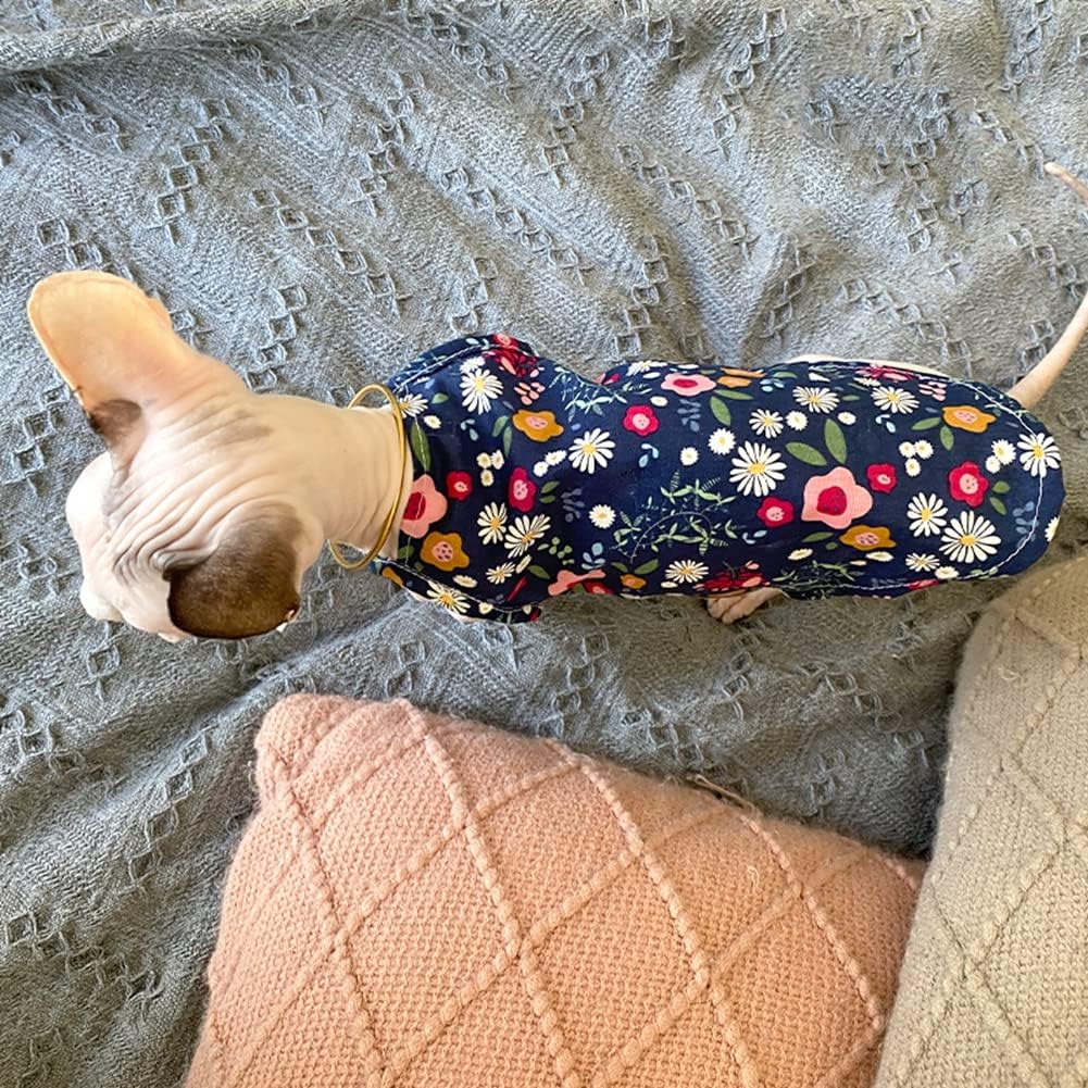 Sphynx Cat Clothes Breathable Summer Cotton Thin Camisole Sleeveless Shirt with Floral Print Strap Tank Tops Pullover Pajamas for Hairless Cats, Sphynx,Cornish Rex,Devon Rex,Peterbald (M)