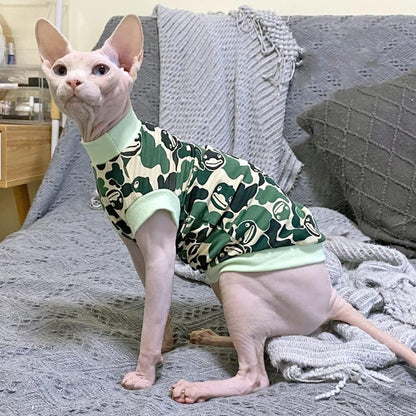 Hairless Cat Clothes Summer Cotton Thin Turtleneck T-Shirt Stretch Camouflage Print Short Sleeve Vest Tank Tops Pajamas Jumpsuits Pullover for Sphynx,Cornish Rex, Devon Rex, Peterbald (S)