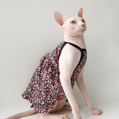 Hairless Cat Clothes - Summer Breathable Floral Suspender Skirt Elegant Romantic Girly Dress,Cotton Stripe Vest Princess Dress for Sphynx, Cornish Rex, Devon Rex, Peterbald (XL)