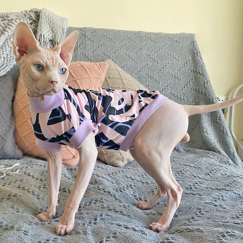 Hairless Cat Clothes Breathable Summer Cotton Thin Turtleneck T-Shirt Vest Geometry Print Pullover Short Sleeve Tank Tops Pajamas Jumpsuits for Sphynx,Cornish Rex, Devon Rex, Peterbald (XL)