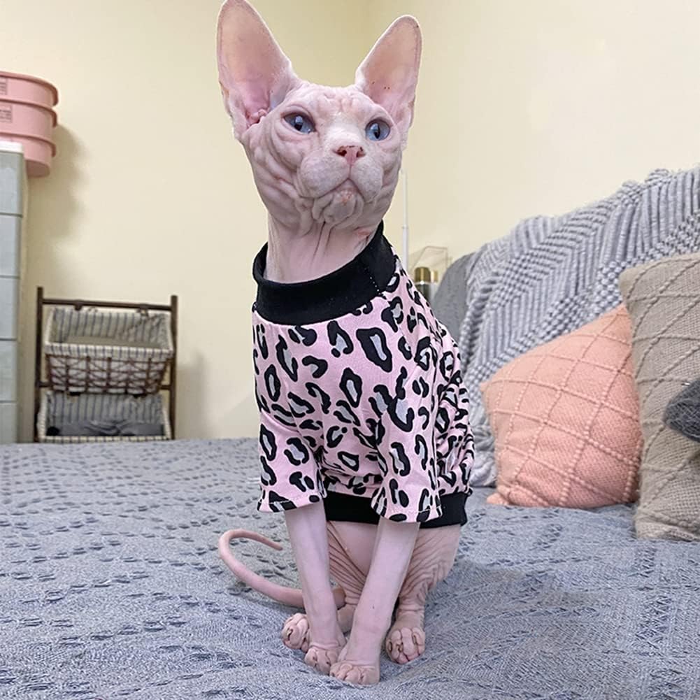 Hairless Cat Clothes Spring Autumn Cotton Long Sleeve Turtleneck T-Shirt Leopard Print Vest Stretch Jumpsuits Pullover Comfort Pajamas for Sphynx,Cornish Rex, Devon Rex, Peterbald (L)