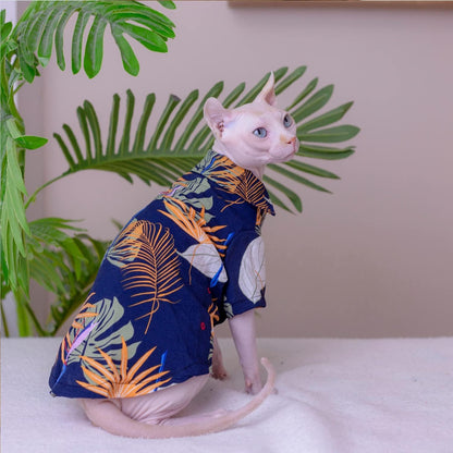 Hairless Cat T-Shirts Breathable Summer Cotton Hawaiian Shirts Button Closure Turn Down Collar Leaf Print Cat Clothes Vest Pajamas Apparel for Sphynx, Cornish Rex, Devon Rex, Peterbald (XL-)