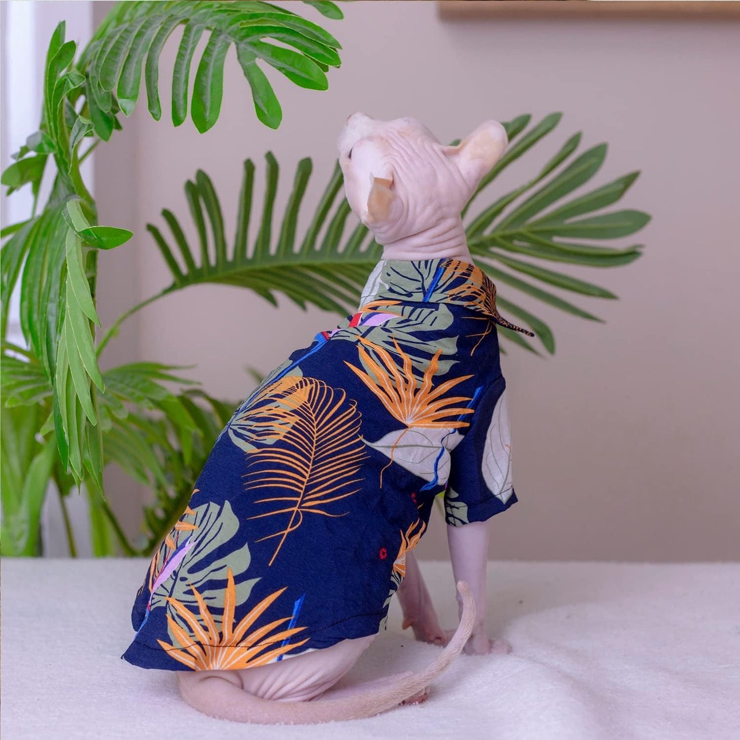 Hairless Cat T-Shirts Breathable Summer Cotton Hawaiian Shirts Button Closure Turn Down Collar Leaf Print Cat Clothes Vest Pajamas Apparel for Sphynx, Cornish Rex, Devon Rex, Peterbald (XL-)