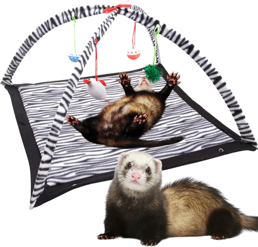 Ferret Play Mat - Foldable Fleece Activity Center with Hanging Bell Balls Mice Toys Small Animal Cat Interactive Mat Tent Toy for Exercise Napping Easy Storage (Zebra Print)