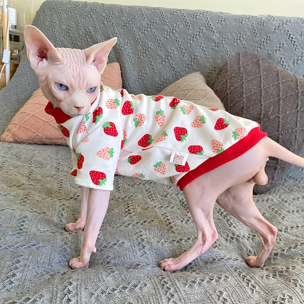 Hairless Cat Clothes Spring Fall Cotton Long Sleeve Turtleneck T-Shirt Strawberry Print Vest Stretch Jumpsuits Pullover Comfort Pajamas for Sphynx,Cornish Rex, Devon Rex, Peterbald (S)