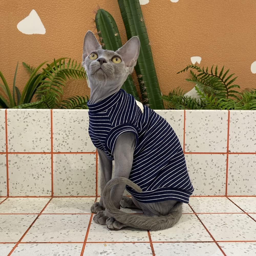 Sphynx Cat Clothes Breathable Summer Cotton Elastic Stripe T-Shirts with Round Collar Cat Wear Clothes Vest Pajamas Hairless Cat Apparel for Sphynx, Cornish Rex, Devon Rex, Peterbald (XL+)