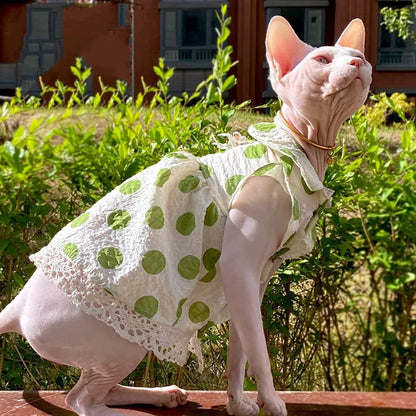 Hairless Cat Clothes - Breathable Summer Cotton Puff Sleeve Dress with Button Polka Dots Sunflower Skirt Elegant Girly Soft Princess Dress for Sphynx, Cornish Rex, Devon Rex, Peterbald Cat (M,White)