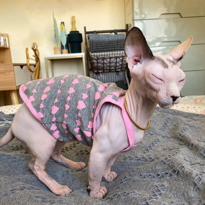 Sphynx Cat Clothes Breathable Summer Cotton Thin Camisole Sleeveless Shirt with Heart Print Strap Tank Tops Pullover Pajamas for Hairless Cats, Sphynx,Cornish Rex,Devon Rex,Peterbald (M)