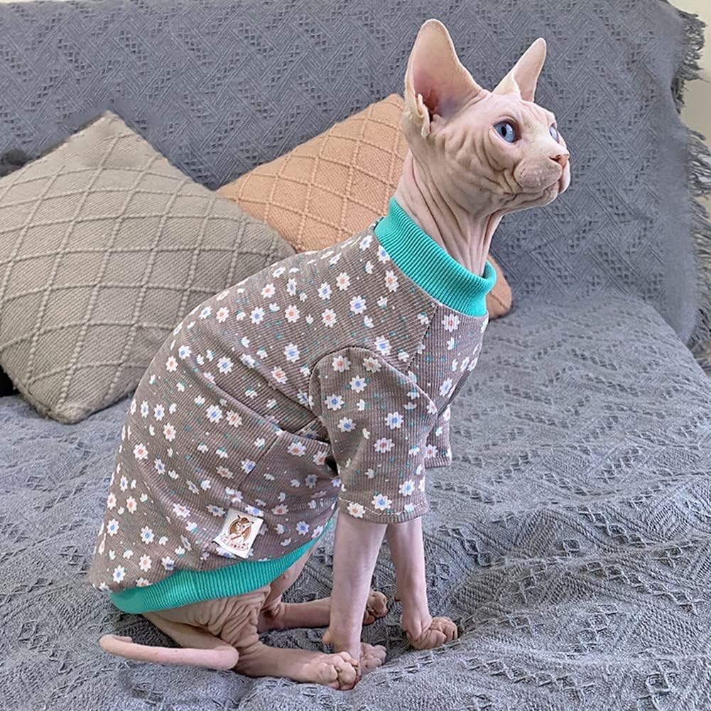 Hairless Cat Clothes Spring Fall Cotton Long Sleeve Turtleneck T-Shirt Floral Dots Print Vest Stretch Jumpsuits Pullover Comfort Pajamas for Sphynx,Cornish Rex, Devon Rex, Peterbald (XXL)