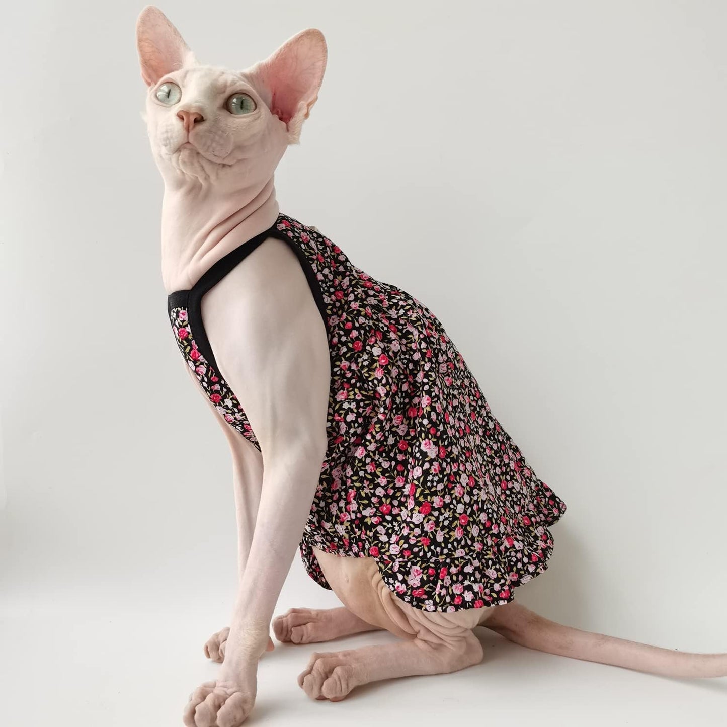 Hairless Cat Clothes - Summer Breathable Floral Suspender Skirt Elegant Romantic Girly Dress,Cotton Stripe Vest Princess Dress for Sphynx, Cornish Rex, Devon Rex, Peterbald (XL)