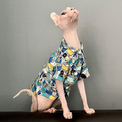 Hairless Cat T-Shirt Breathable Summer Cotton Shirts Short Sleeve Button Closure Turn Down Collar Animal Print Cat Clothes Vest Apparel for Sphynx, Cornish Rex, Devon Rex, Peterbald (XXL-)