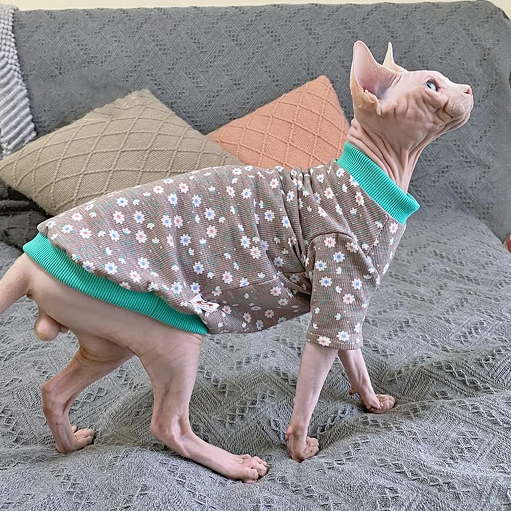 Hairless Cat Clothes Spring Fall Cotton Long Sleeve Turtleneck T-Shirt Floral Dots Print Vest Stretch Jumpsuits Pullover Comfort Pajamas for Sphynx,Cornish Rex, Devon Rex, Peterbald (XXL)