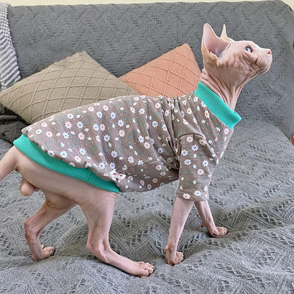 Hairless Cat Clothes Spring Fall Cotton Long Sleeve Turtleneck T-Shirt Floral Dots Print Vest Stretch Jumpsuits Pullover Comfort Pajamas for Sphynx,Cornish Rex, Devon Rex, Peterbald (XXL)