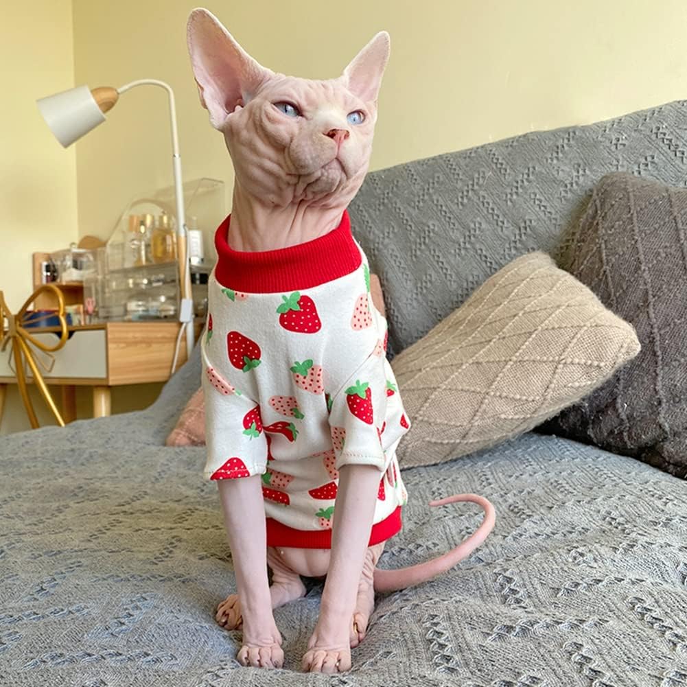 Hairless Cat Clothes Spring Fall Cotton Long Sleeve Turtleneck T-Shirt Strawberry Print Vest Stretch Jumpsuits Pullover Comfort Pajamas for Sphynx,Cornish Rex, Devon Rex, Peterbald (S)