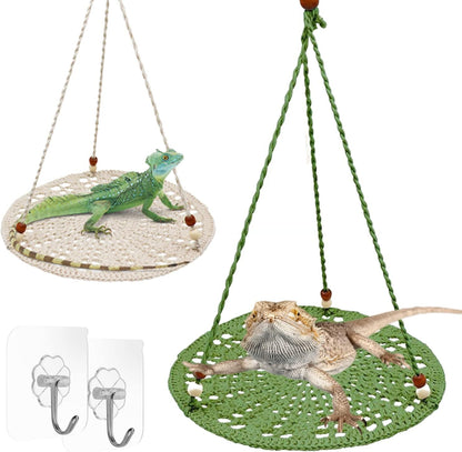 Reptile Hammock Cotton Rope Macrame Swing Hanging Bed with Adhesive Hooks Tank Accessories Habitats Decor for Bearded Dragon Leopard Gecko Lizard Iguanas Terrarium Supplies (2 Pack)