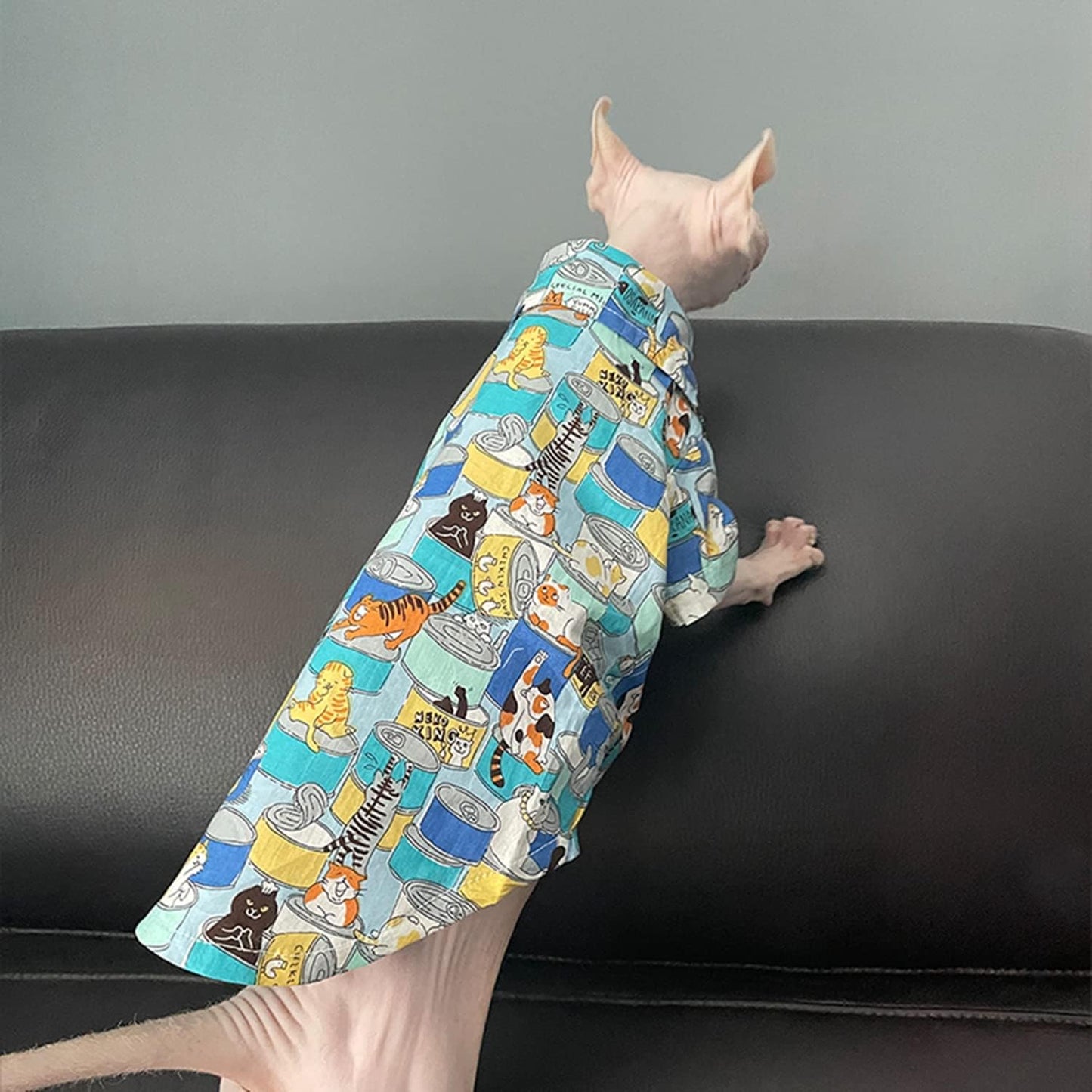 Hairless Cat T-Shirt Breathable Summer Cotton Shirts Short Sleeve Button Closure Turn Down Collar Animal Print Cat Clothes Vest Apparel for Sphynx, Cornish Rex, Devon Rex, Peterbald (XXL-)